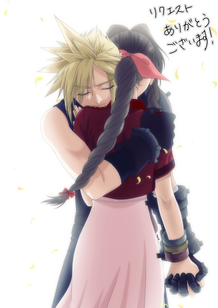 1boy 1girl aerith_gainsborough armor bangle black_gloves blonde_hair bracelet braid braided_ponytail brown_hair closed_eyes cloud_strife couple cowboy_shot cropped_jacket dress falling_petals final_fantasy final_fantasy_vii final_fantasy_vii_remake gloves hair_between_eyes hair_ribbon hair_tie hand_on_another's_shoulder hetero holding_hands hug jacket jewelry kirishima_saya long_dress long_hair parted_bangs petals pink_dress pink_ribbon red_jacket ribbon short_hair short_sleeves shoulder_armor sidelocks single_bare_shoulder single_braid single_shoulder_pad sleeveless sleeveless_turtleneck spiked_hair turtleneck white_background yellow_petals