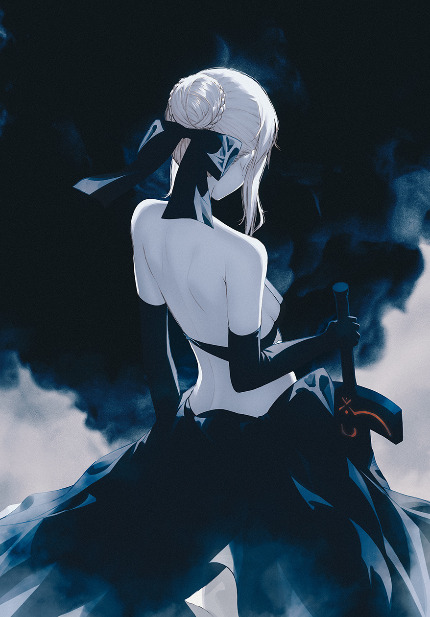 1girl artoria_pendragon_(fate) back bare_shoulders black_bow black_gloves black_skirt bow braid cowboy_shot elbow_gloves excalibur_morgan_(fate) fate/stay_night fate_(series) fov_ps from_behind gloves grey_hair hair_bow hair_bun highres holding holding_sword holding_weapon median_furrow saber_alter shoulder_blades sidelocks single_hair_bun skirt solo sword weapon