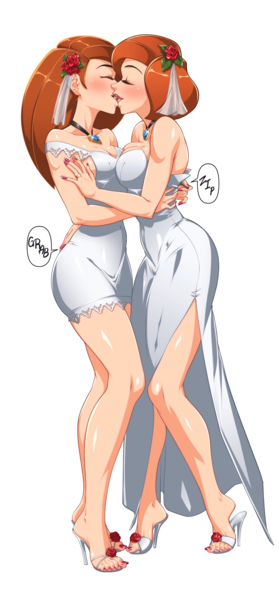 2girls ann_possible breasts brown_hair cleavage closed_eyes dress english_commentary flower french_kiss full_body gem hair_flower hair_ornament high_heels highres incest jewelry kim_possible kim_possible_(series) kiss lips long_hair medium_breasts medium_hair mother_and_daughter multiple_girls nail_polish necklace omiiverse ring rose shoes simple_background sound_effects tiptoes toenail_polish toenails unzipping wedding_ring white_background wife_and_wife yuri