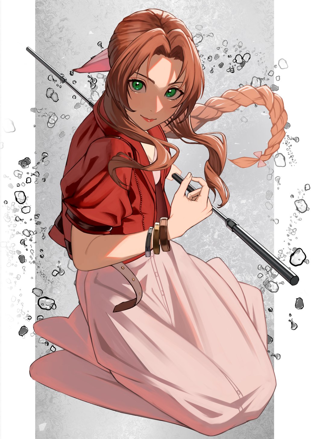 1girl aerith_gainsborough bangle bracelet braid braided_ponytail breasts brown_hair closed_mouth cropped_jacket dress final_fantasy final_fantasy_vii final_fantasy_vii_remake full_body green_eyes grey_background hair_ribbon highres holding holding_staff jacket jewelry kneeling lips long_dress long_hair looking_at_viewer medium_breasts parted_bangs pillarboxed pink_dress pink_ribbon red_jacket ribbon short_sleeves sidelocks single_braid smile solo staff temoc wavy_hair