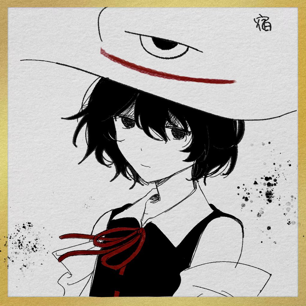 1other 21scorpii androgynous artist_name black_coat black_eyes black_hair bow bowtie closed_mouth coat collar collarbone collared_shirt detached_sleeves enraku_tsubakura expressionless eye_of_senri hat ink_splatter len'en looking_at_viewer monochrome other_focus red_bow red_bowtie ribbon-trimmed_coat ribbon_trim shirt short_hair signature sleeveless sleeveless_coat sleeveless_shirt solo spot_color top_hat traditional_media white_collar white_sleeves wide_sleeves