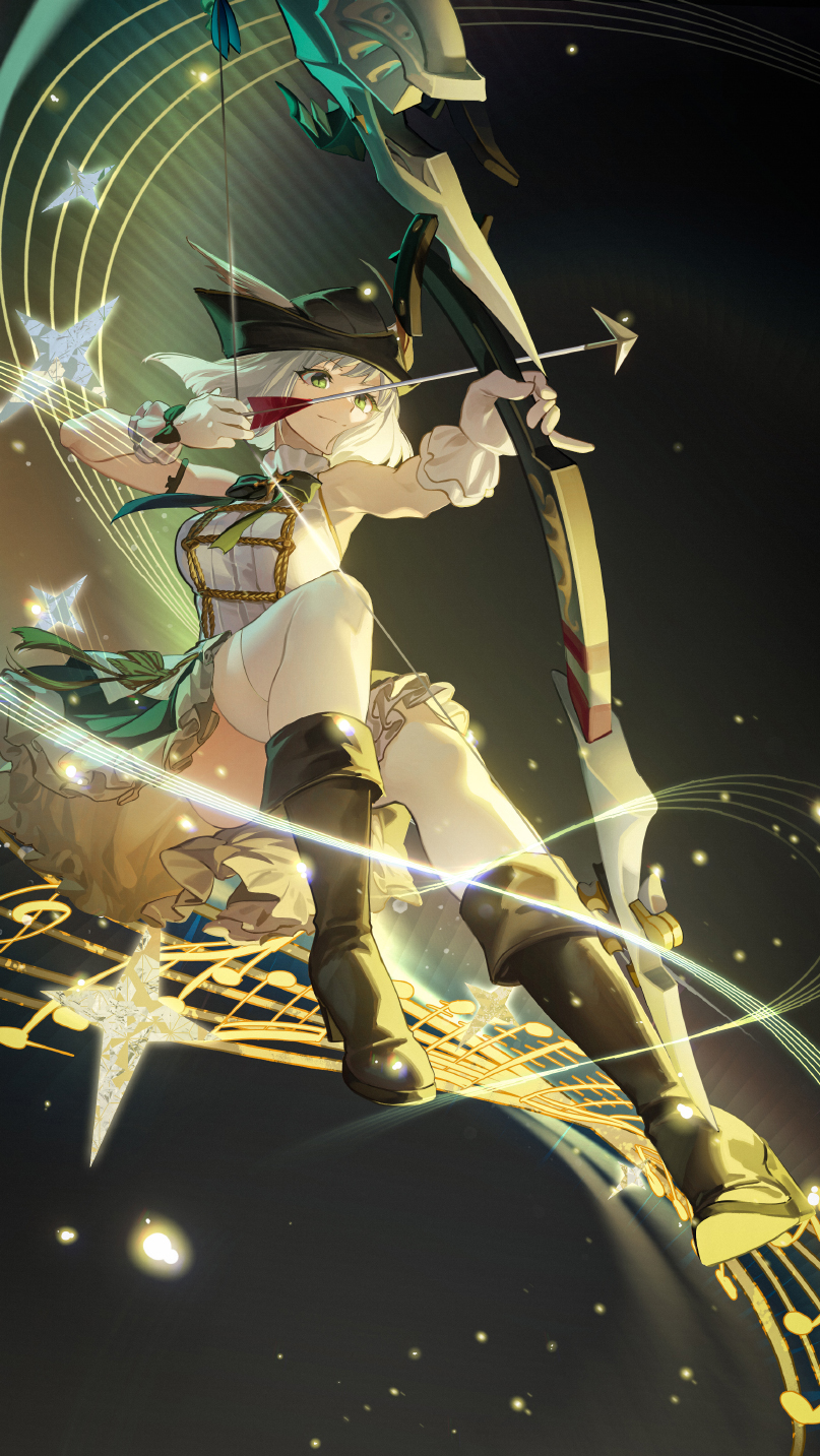 1girl arrow_(projectile) bard_(final_fantasy) black_footwear black_headwear boots bow bow_(weapon) bowtie breasts final_fantasy final_fantasy_xiv frilled_skirt frills full_body gloves green_bow green_bowtie green_eyes green_skirt grey_hair highres holding holding_bow_(weapon) holding_weapon medium_breasts musical_note rff_(3_percent) shirt short_hair skirt sleeveless sleeveless_shirt solo thighhighs weapon white_gloves white_shirt white_thighhighs