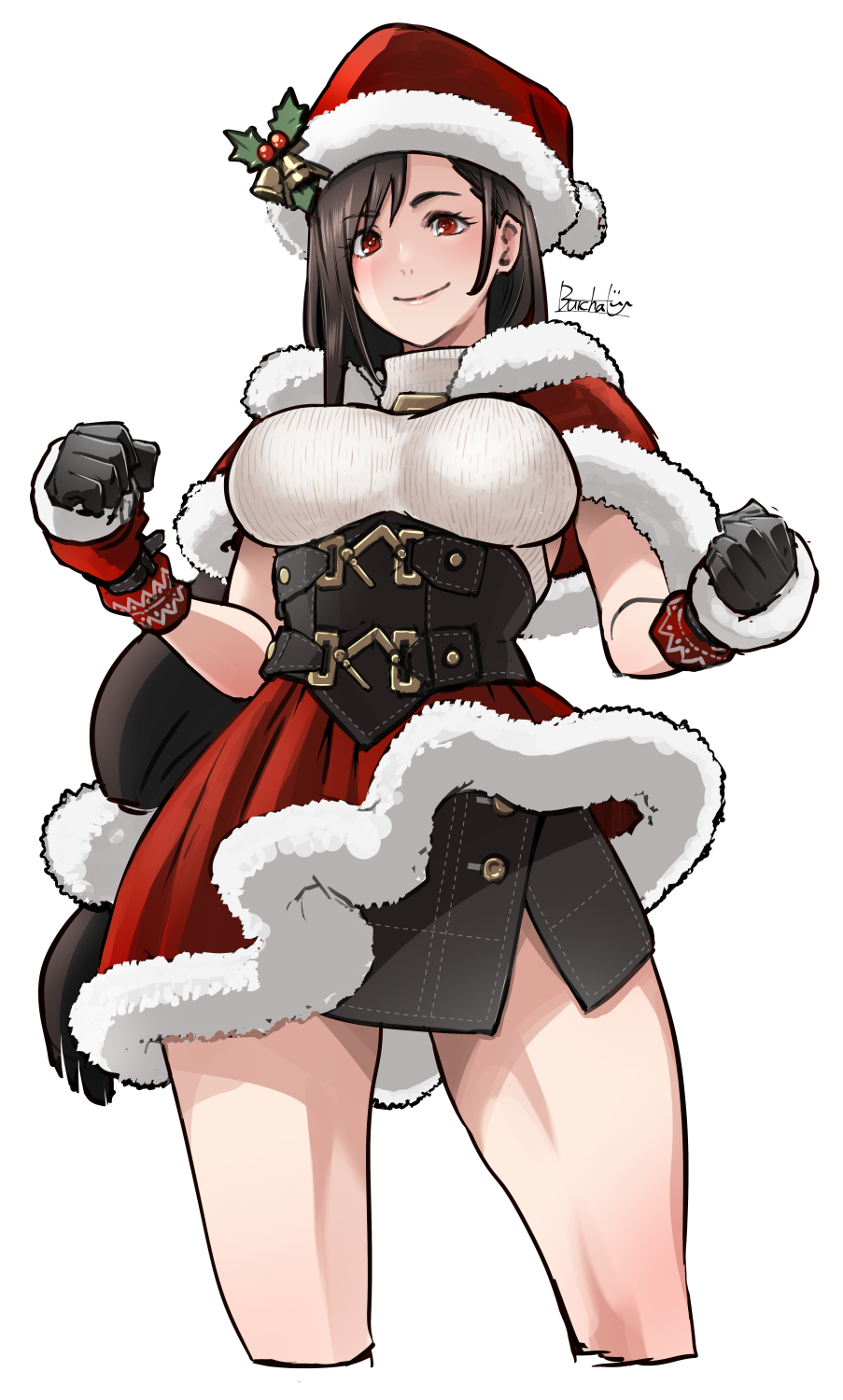 1girl black_hair butcha-u capelet christmas corset cropped_legs dress final_fantasy final_fantasy_vii final_fantasy_vii_ever_crisis fur-trimmed_capelet fur-trimmed_gloves fur-trimmed_headwear fur-trimmed_skirt fur_trim gloves hair_ornament hat highres holly_hat_ornament long_hair low-tied_long_hair official_alternate_costume pom_pom_(clothes) pom_pom_hair_ornament red_capelet red_eyes santa_costume santa_dress santa_hat simple_background skirt sleeveless sleeveless_turtleneck smile solo sweater tifa_lockhart tifa_lockhart_(fairy_of_the_holy_flame) turtleneck turtleneck_sweater white_background