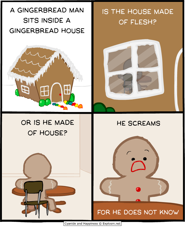 2015 bald black_eyes candy comic cookie cyanide_and_happiness dessert digital_drawing_(artwork) digital_media_(artwork) english_text existential_crisis food food_creature food_humanoid gingerbread_house gingerbread_man gumdrop_(food) holidays humanoid humor kris_wilson male open_mouth sitting solo text thoughts url white_text