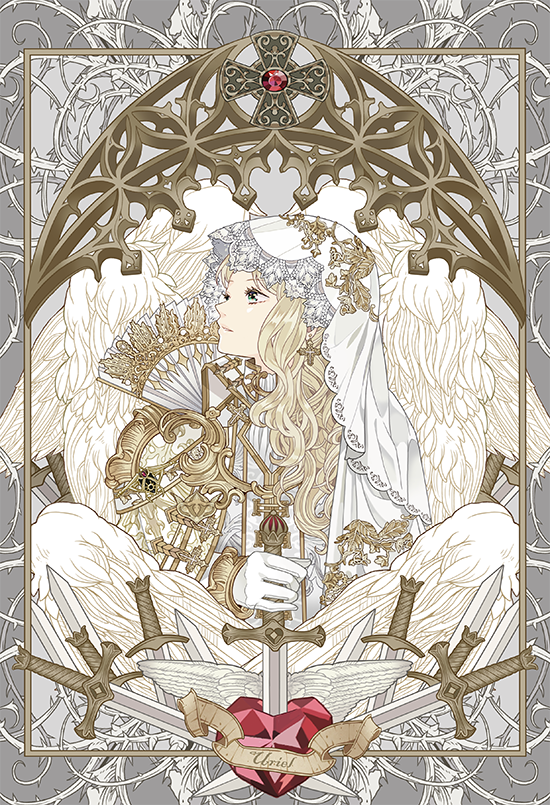1girl angel angel_wings armor ascot blonde_hair cape character_name collared_jacket cross cross_earrings earrings folding_fan gem gloves gold_trim greek_cross green_eyes grey_background hand_fan heart-shaped_gem holding holding_sword holding_weapon jacket jewelry long_hair long_sleeves looking_to_the_side medal multiple_swords multiple_wings original parted_bangs parted_lips pauldrons picture_frame profile red_gemstone shoulder_armor sleeve_cuffs slothm22 solo stabbed_heart sword thorns upper_body uriel veil wavy_hair weapon white_ascot white_cape white_gloves white_jacket white_veil white_wings wings