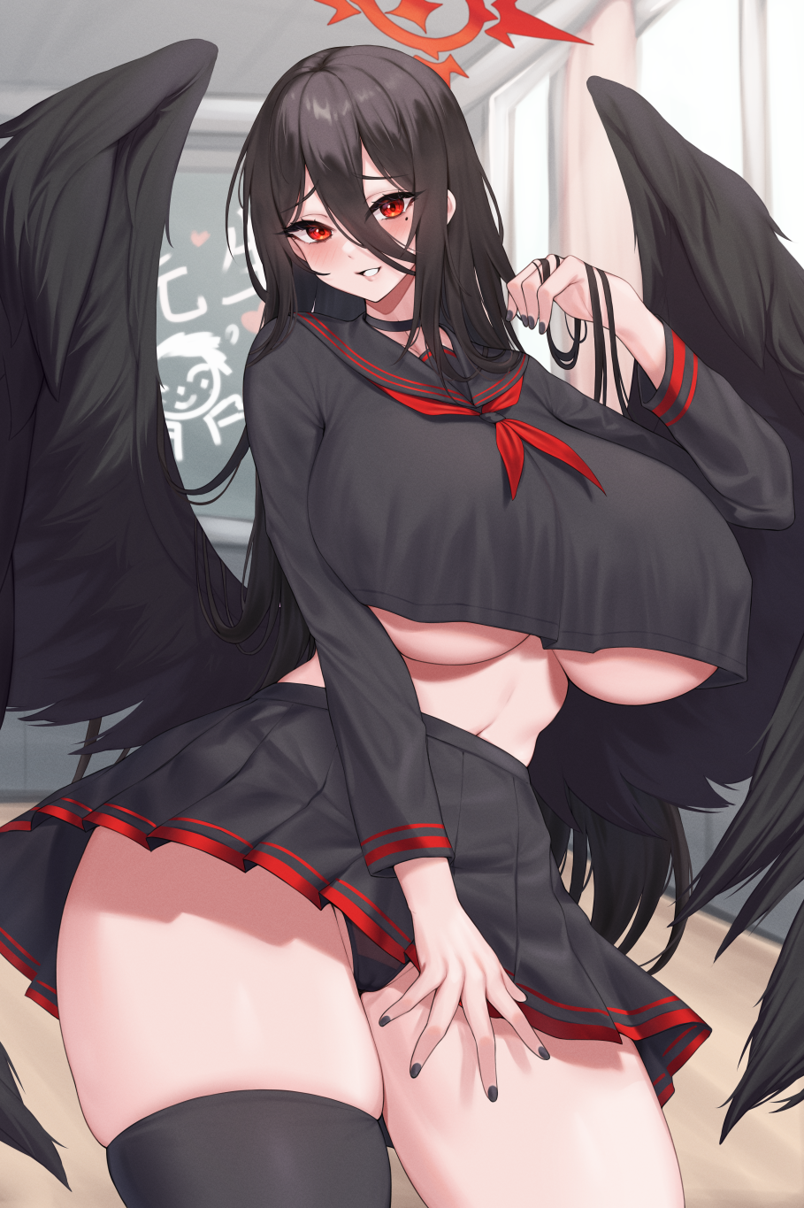 1girl black_choker black_hair black_nails black_wings blue_archive blush breasts choker classroom doodle_sensei_(blue_archive) feathered_wings hair_between_eyes halo hasumi_(blue_archive) highres huge_breasts kuavera large_breasts long_hair looking_at_viewer mole mole_under_eye nail_polish red_eyes red_halo sensei_(blue_archive) shirt solo very_long_hair wings