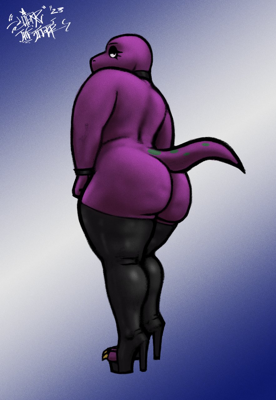 2023 anthro barney_and_friends barney_the_dinosaur big_butt black_choker black_clothing black_jewelry black_latex black_legwear black_necklace black_thigh_boots black_thigh_highs boots butt choker claws clothing dinosaur footwear goth half-closed_eyes hi_res high_heeled_boots high_heels huge_butt jewelry latex latex_boots latex_clothing latex_footwear latex_thigh_boots legwear male mostly_nude narrowed_eyes necklace platform_boots platform_footwear platform_heels purple_body purple_scales reptile scales scalie simple_background sligarthetiger solo standing thick_thighs thigh_boots thigh_highs toe_claws toeless_boots toeless_footwear