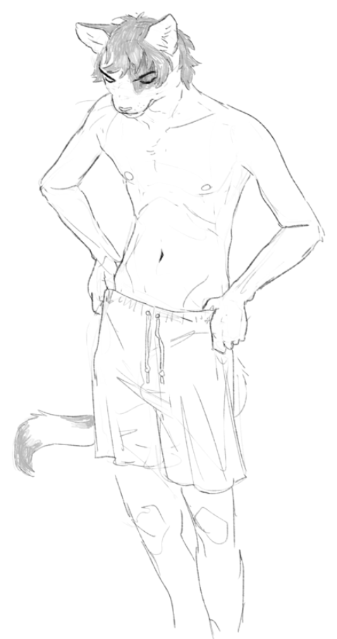 2021 anthro bottomwear cettus clothed clothing domestic_cat felid feline felis hair hands_on_hips looking_down male mammal monochrome natan_osorio_suarez navel nipples pants short shorts_only simple_background sketch skinny slim small_waist solo standing tail topless