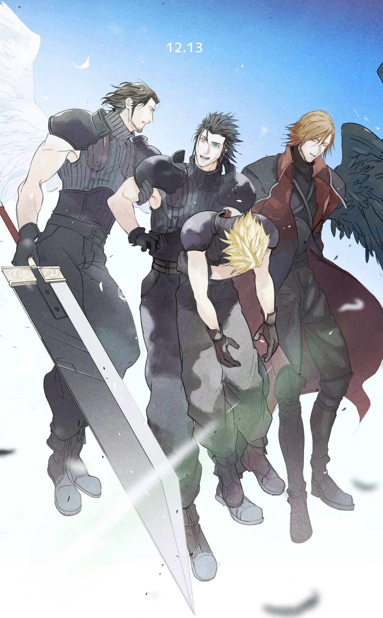 2b_fff 4boys angeal_hewley armor baggy_pants belt black_gloves black_hair black_pants black_shirt black_wings blonde_hair blue_eyes blurry blurry_foreground boots brown_hair buster_sword chinstrap_beard cloud_strife crisis_core_final_fantasy_vii dated facial_hair falling_feathers feathered_wings final_fantasy final_fantasy_vii final_fantasy_vii_remake full_body genesis_rhapsodos gloves hair_between_eyes hair_slicked_back head_down highres holding holding_another's_arm holding_sword holding_weapon jacket male_focus multiple_belts multiple_boys open_mouth pants red_jacket shirt shoulder_armor sideburns single_wing sleeveless sleeveless_turtleneck spiked_hair suspenders swept_bangs sword turtleneck weapon white_wings wings zack_fair