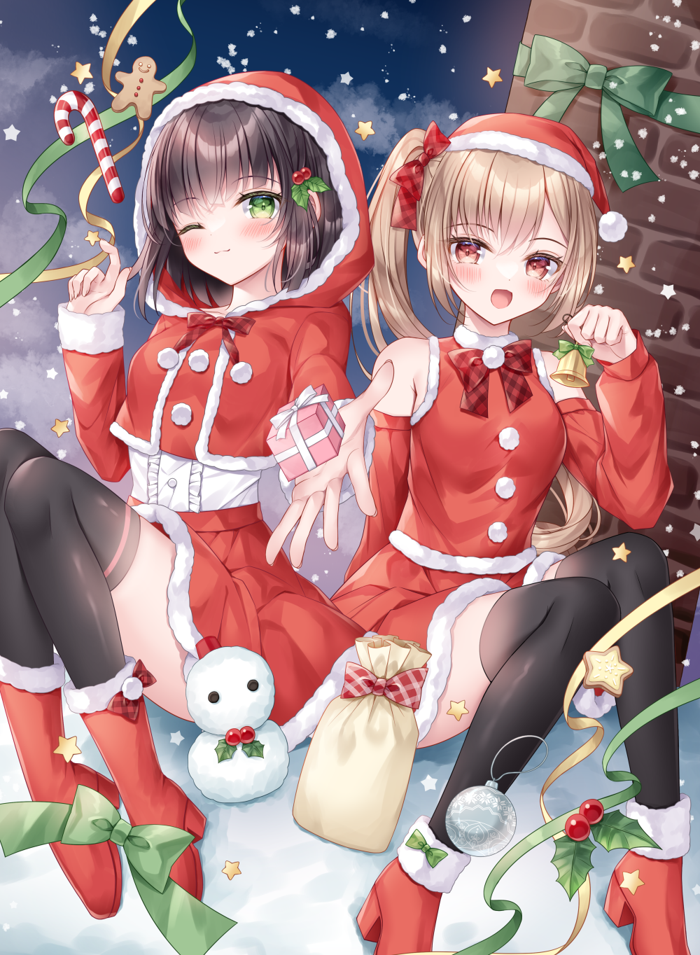 2girls :d ;) bare_shoulders bell black_hair black_thighhighs blush boots boude_miu bow box breasts brown_hair candy candy_cane center_frills chimney christmas closed_mouth cloud cloudy_sky commentary_request cropped_jacket food frills fur-trimmed_boots fur-trimmed_jacket fur-trimmed_shirt fur-trimmed_skirt fur-trimmed_sleeves fur_trim gift gift_box gingerbread_man green_bow green_eyes hair_bow highres holding holding_bell holding_gift hood hood_up hooded_jacket jacket kohinata_hoshimi long_hair long_sleeves looking_at_viewer midorikawa_sakura multiple_girls night night_sky one_eye_closed original outdoors plaid plaid_bow red_bow red_eyes red_footwear red_jacket red_shirt red_skirt shirt side_ponytail skirt sky sleeveless sleeveless_shirt sleeves_past_wrists small_breasts smile snow snowman thighhighs very_long_hair white_shirt