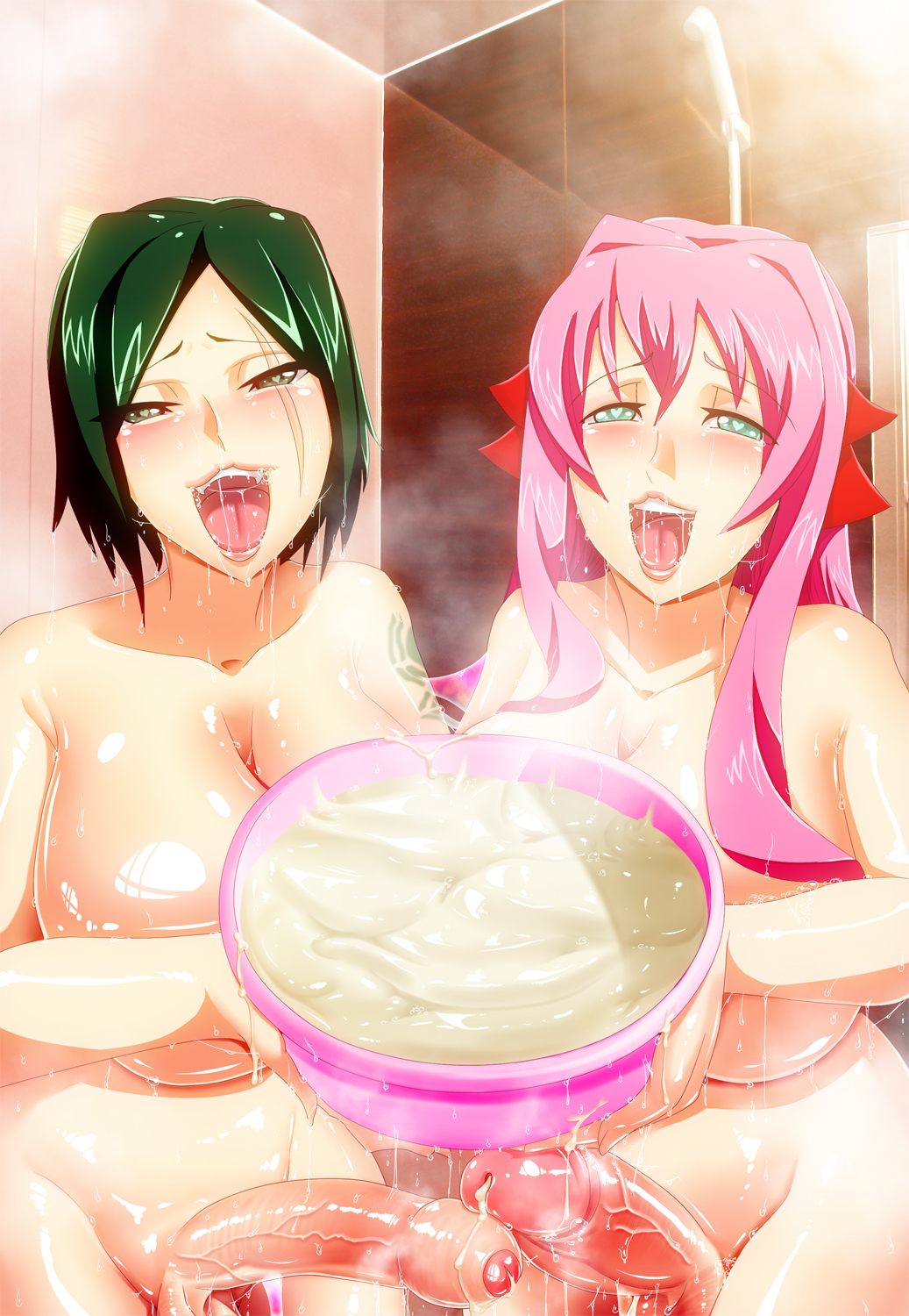 blush bowl breasts cum cum_in_container curvy decensored foreskin futanari green_eyes green_hair heart heart-shaped_pupils huge_breasts long_hair looking_at_viewer multiple_girls nude open_mouth original penis phimosis pink_hair scar short_hair smile sweat symbol-shaped_pupils taroro tattoo uncensored wide_hips