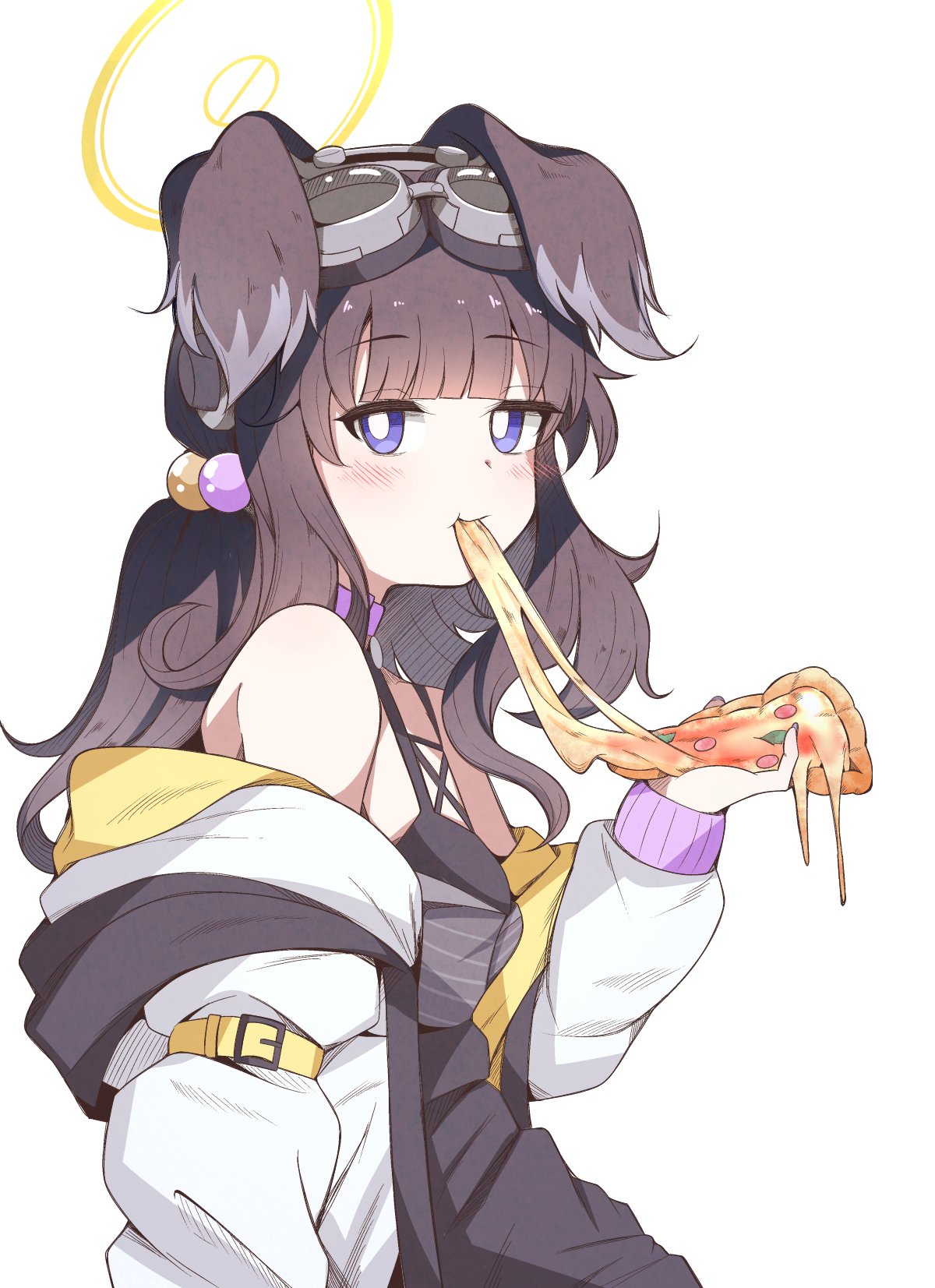 1girl animal_ears black_hair blue_archive blush dog_ears eating food halo hibiki_(blue_archive) highres holding holding_food jacket karikura_(atatata71) long_hair long_sleeves looking_at_viewer open_clothes open_jacket pizza purple_eyes simple_background solo upper_body white_background white_jacket yellow_halo