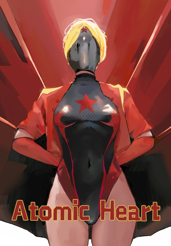 1girl arms_behind_back atomic_heart blonde_hair breasts cfkaze competition_swimsuit covered_navel elbow_gloves gloves helmet highleg highleg_swimsuit jacket leotard mask mecha_musume medium_breasts one-piece_swimsuit red_gloves red_jacket short_hair solo star_(symbol) stomach swimsuit thighs