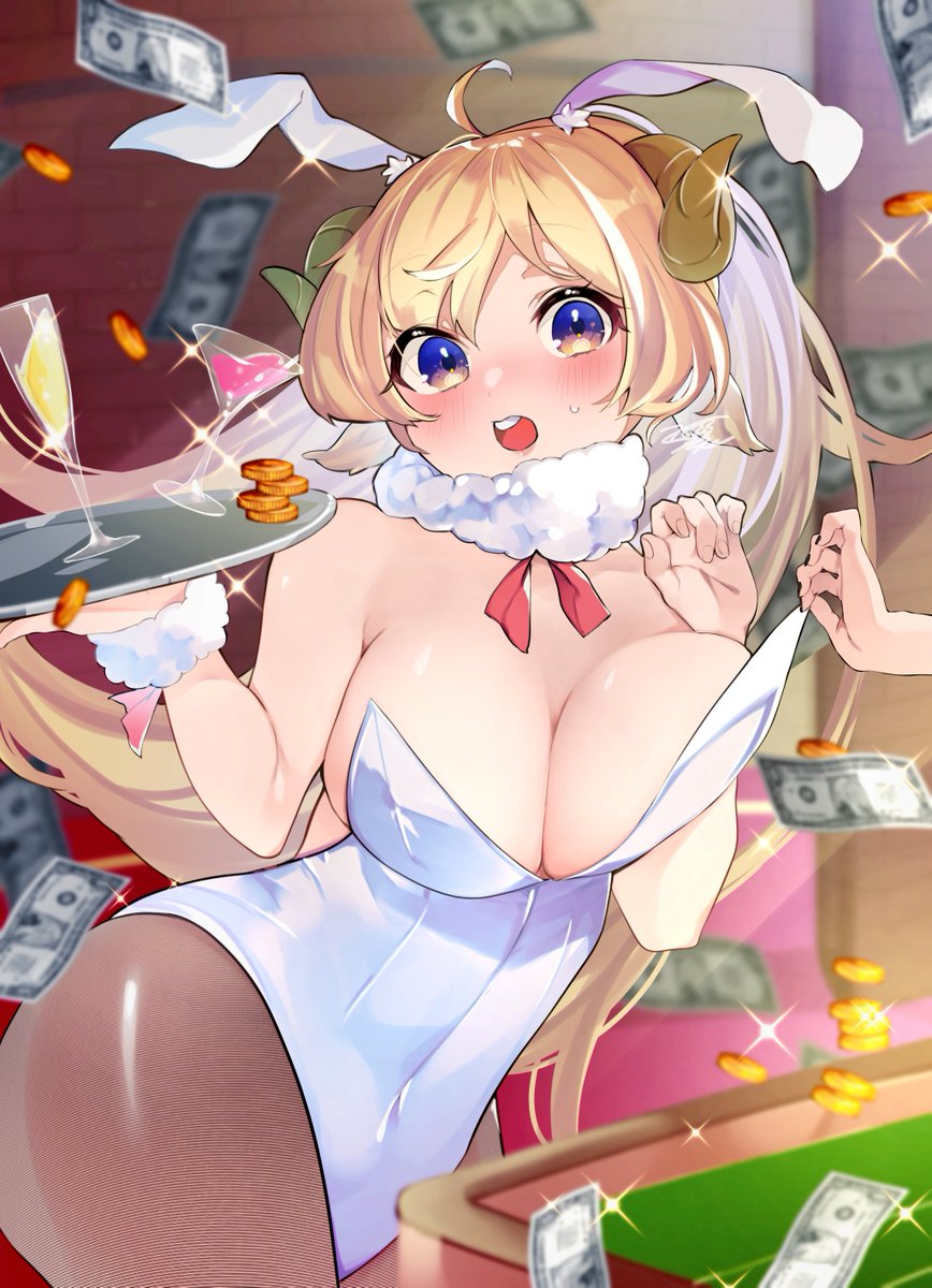 2girls alternate_costume alternate_hairstyle animal_ears banknote blonde_hair blush breasts brown_pantyhose casino champagne_flute cleavage cocktail_glass covered_navel cup dollar_bill drinking_glass embarrassed fur_collar highleg highleg_leotard highres holding holding_tray hololive horns large_breasts leotard leotard_pull long_hair money multiple_girls nyas0123 open_mouth pantyhose playboy_bunny poker_table purple_eyes rabbit_ears sheep_ears sheep_girl sheep_horns shishiro_botan solo_focus strapless strapless_leotard sweatdrop table tray tsunomaki_watame very_long_hair virtual_youtuber white_leotard wrist_cuffs