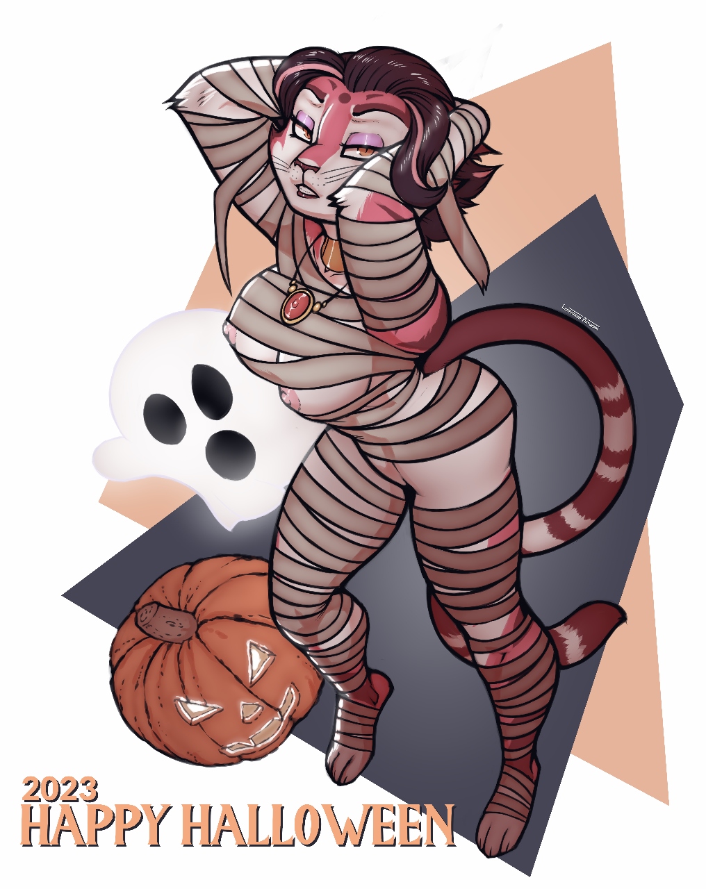 anthro areola breasts eyeshadow felid female ghost halloween hi_res holidays jack-o'-lantern jewelry kurora_(luraiokun) looking_at_viewer luraiokun makeup mammal necklace pantherine solo spirit tiger whiskers wrappings