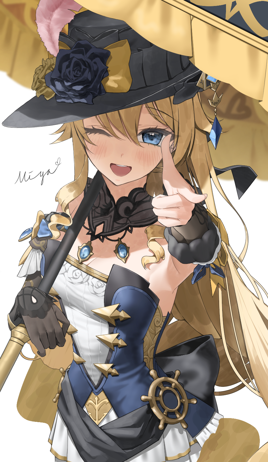 1girl ;d bibi_(user_egtz4573) black_headwear blonde_hair blue_eyes blue_gemstone breasts cleavage dress finger_gun gem genshin_impact hat highres holding holding_umbrella long_hair looking_at_viewer navia_(genshin_impact) one_eye_closed smile solo teeth umbrella upper_teeth_only white_background