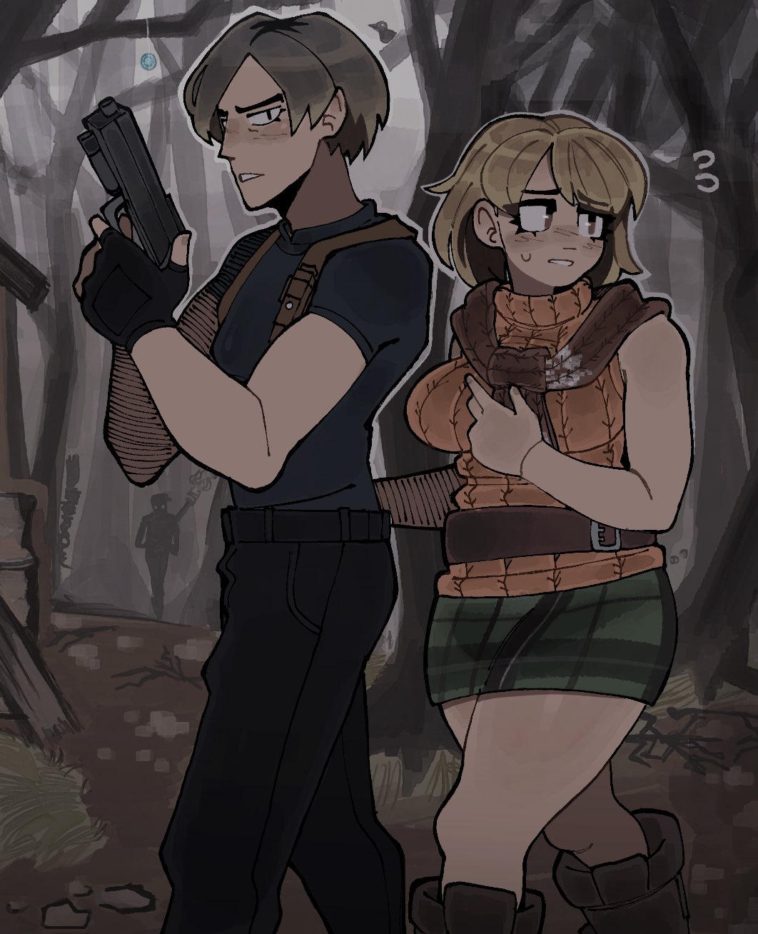 1boy 1girl ashley_graham bare_shoulders black_gloves black_pants blonde_hair blue_shirt boots breasts brown_footwear cowboy_shot fingerless_gloves forest gloves green_skirt gun handgun highres holding holding_gun holding_weapon leon_s._kennedy looking_back medium_breasts medium_hair nature orange_sweater outdoors pants parted_bangs parted_lips plaid plaid_skirt resident_evil resident_evil_4 resident_evil_4_(remake) shirt short_hair skirt sleeveless sleeveless_turtleneck sweatdrop sweater t-shirt turtleneck turtleneck_sweater walking weapon zazipou_z