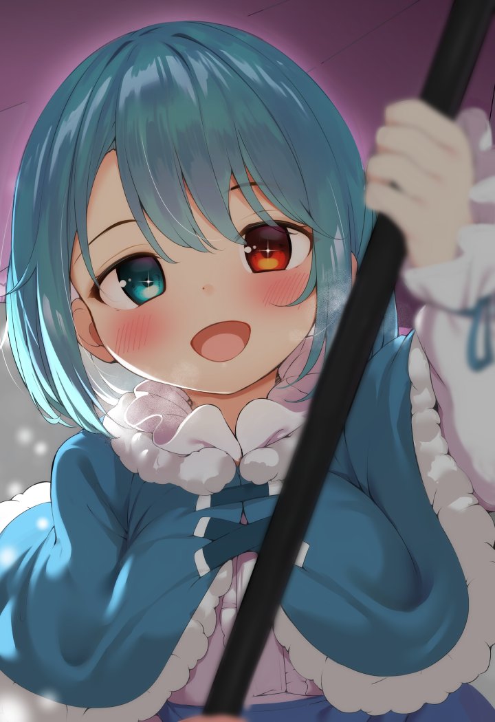 1girl blue_capelet blue_eyes blush capelet commentary_request heterochromia holding holding_umbrella looking_at_viewer open_mouth piyodesu purple_umbrella red_eyes solo tatara_kogasa touhou umbrella upper_body wild_and_horned_hermit