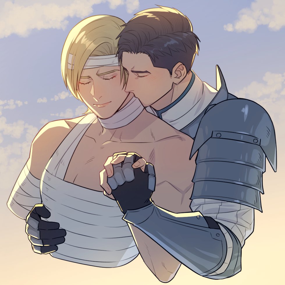 2boys armor bandaged_arm bandaged_chest bandaged_head bandaged_neck bandages black_hair blonde_hair closed_eyes closed_mouth collarbone couple cropped_torso dion_lesage final_fantasy final_fantasy_xvi hand_on_another's_chest hasuha_makoto holding_hands kiss kissing_neck light_smile male_focus multiple_boys shirt short_hair shoulder_armor swept_bangs terrence_(ff16) topless_male white_shirt yaoi