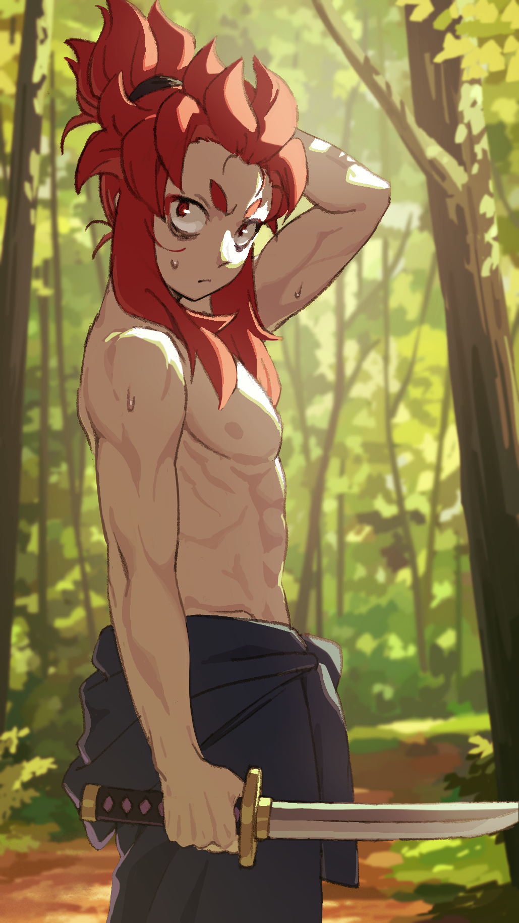 1boy bags_under_eyes clothes_around_waist cowboy_shot forest highres holding holding_sword holding_weapon long_hair male_focus monk_(sekaiju) monk_5_(sekaiju) mya-zawa nature outdoors red_eyes red_hair sekaiju_no_meikyuu_hd solo sword thick_eyebrows toned toned_male topless_male weapon weapon_request