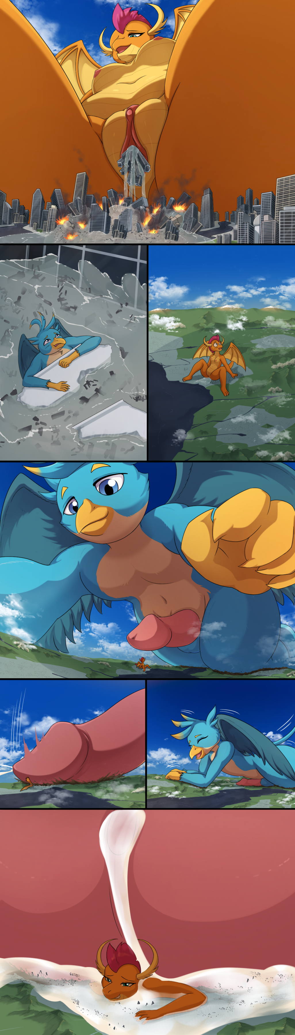 absurd_res anthro areola avian beak biped blue_body bodily_fluids breasts cum feathers female friendship_is_magic fur gallus_(mlp) genital_fluids genitals gryphon hasbro hi_res larger_male macro male male/female my_little_pony mythological_avian mythology nipples penis pussy size_difference smolder_(mlp) son2j spread_legs spreading vaginal