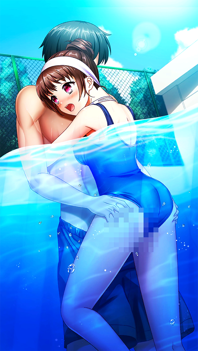 1boy 1girl ass_grab black_hair blue_one-piece_swimsuit blush breast_press brown_hair censored day doukyuusei_another_world fence from_below game_cg headband hetero hug kakyuusei male_swimwear_pull mosaic_censoring official_art one-piece_swimsuit open_mouth outdoors partially_submerged partially_underwater_shot red_eyes school_swimsuit short_hair stealth_sex swimsuit updo white_headband yuuki_mizuho