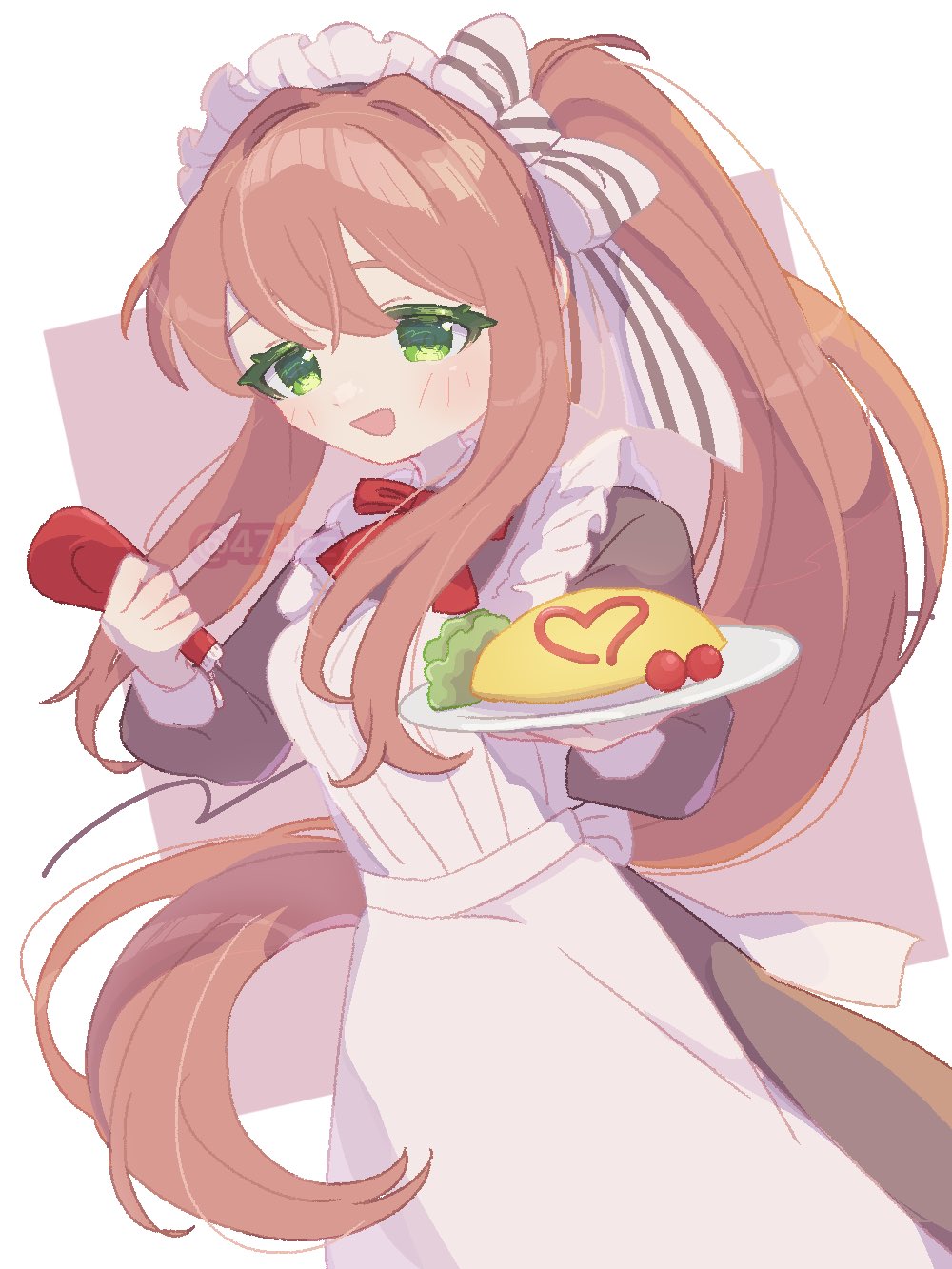 1girl anzen_robo_(474zz) apron bow brown_hair cherry_tomato cowboy_shot doki_doki_literature_club food green_eyes heart highres holding holding_food holding_plate ketchup long_hair looking_at_viewer maid maid_apron maid_headdress monika_(doki_doki_literature_club) omelet omurice open_mouth plate ponytail red_bow ribbon tomato twitter_username very_long_hair white_background white_ribbon