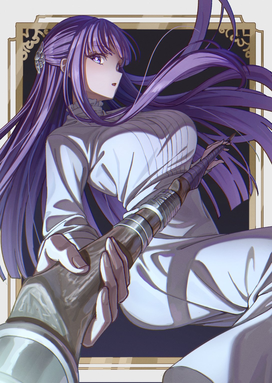 1girl blunt_bangs breasts collar dress fern_(sousou_no_frieren) frilled_collar frills hair_ornament highres holding holding_staff large_breasts long_hair long_sleeves looking_at_viewer mage_staff ntn00a open_mouth purple_eyes purple_hair purple_pupils sidelocks solo sousou_no_frieren staff straight_hair white_dress wooden_staff