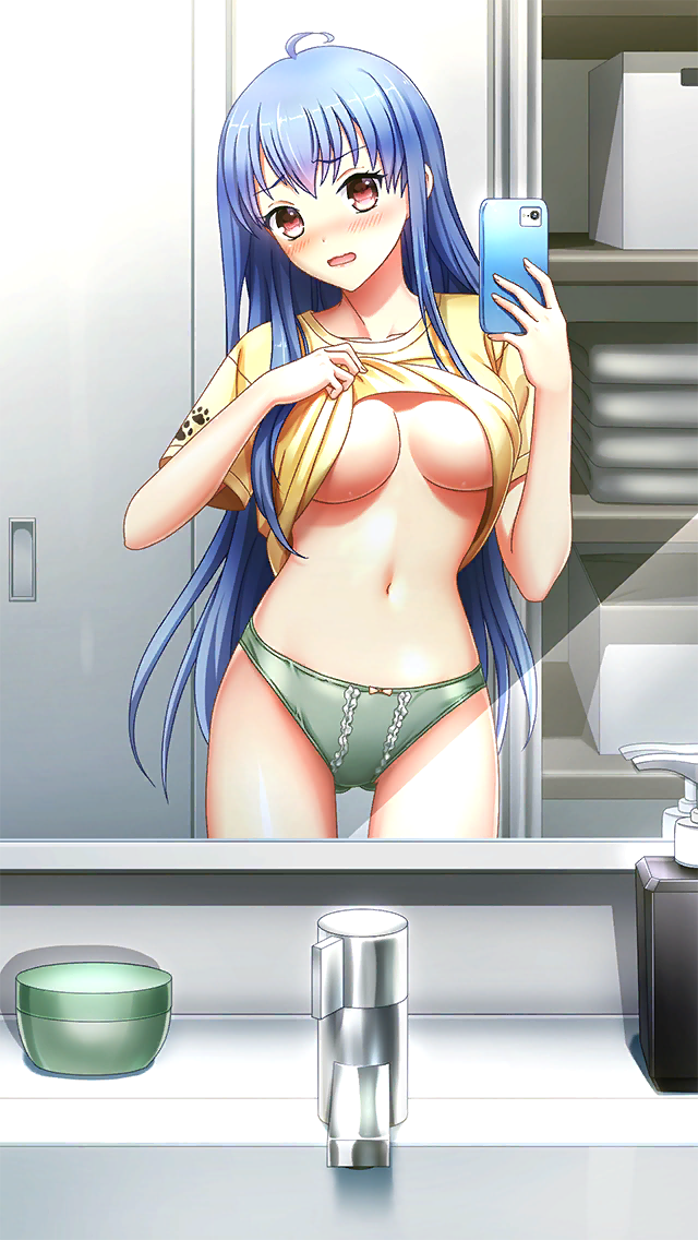 1girl ahoge ass_visible_through_thighs blue_hair blush breasts brown_eyes cellphone clothes_lift collarbone cowboy_shot doukyuusei_another_world embarrassed game_cg green_panties head_tilt holding holding_phone indoors kakyuusei_2 lifted_by_self long_hair medium_breasts navel official_art open_mouth panties phone selfie shirt shirt_lift short_sleeves smartphone solo standing straight_hair t-shirt takatoo_nanase thigh_gap underboob underwear very_long_hair yellow_shirt