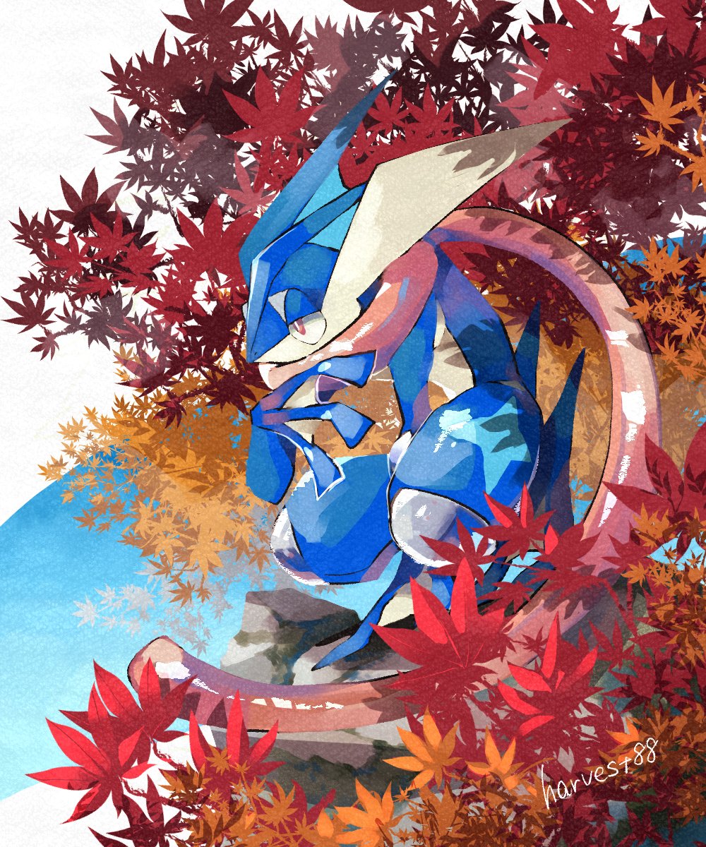 animal_focus artist_name autumn_leaves blue_skin blue_sky colored_skin commentary_request greninja harvest88 highres in_tree no_humans pokemon pokemon_(creature) red_eyes sitting sitting_in_tree sky solo squatting tree twitter_username webbed_feet webbed_hands