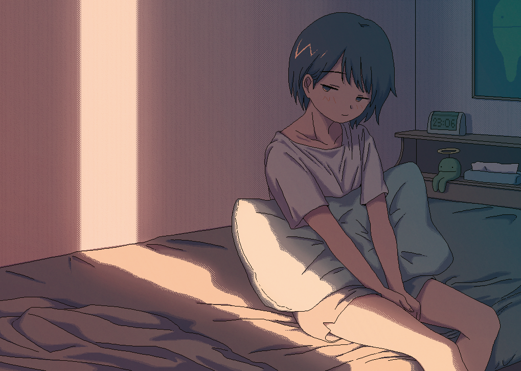 1girl alarm_clock black_hair blush clock crack_of_light dark dithering half-closed_eyes hands_on_lap jaggy_lines jitome narume on_bed original pillow pixel_art raised_eyebrow shirt short_hair short_shorts short_sleeves shorts sitting solo t-shirt tissue_box