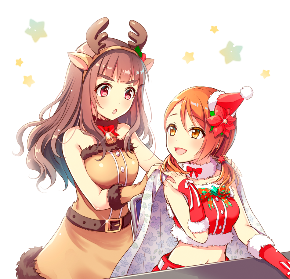 2girls alternate_hairstyle animal_ears antlers bandeau bare_shoulders bell belt blue_cape blunt_bangs blush bow bowtie breasts brown_belt brown_dress brown_eyes brown_hair brown_sleeves cape chair christmas deer_ears detached_sleeves dot_nose dress fake_animal_ears fake_antlers floral_print flower fur-trimmed_bandeau fur-trimmed_dress fur-trimmed_sleeves fur_choker fur_trim glint hair_flower hair_ornament hand_on_own_shoulder hands_on_another's_shoulders hands_up hat hojo_karen idolmaster idolmaster_cinderella_girls idolmaster_cinderella_girls_starlight_stage kamiya_nao long_hair long_sleeves looking_at_another looking_back medium_breasts midriff multiple_girls navel neck_bell on_chair open_mouth orange_hair plaid plaid_bow plaid_bowtie print_cape red_bandeau red_eyes red_flower red_ribbon red_sleeves reindeer_antlers ribbon santa_hat serino_itsuki sitting smile star_(symbol) thick_eyebrows two-tone_bowtie white_background white_ribbon