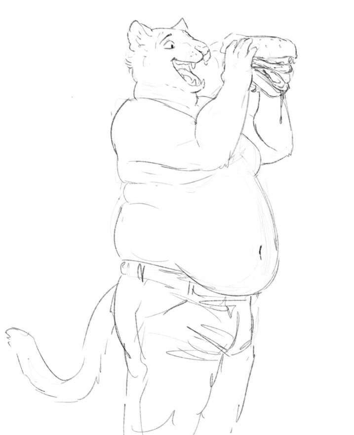 2022 anthro belly bottomwear burger cettus clothed clothing cougar felid feline food happy holding_burger holding_food holding_object male mammal moobs navel open_mouth overweight overweight_anthro overweight_male pants partially_clothed sketch solo tail topless