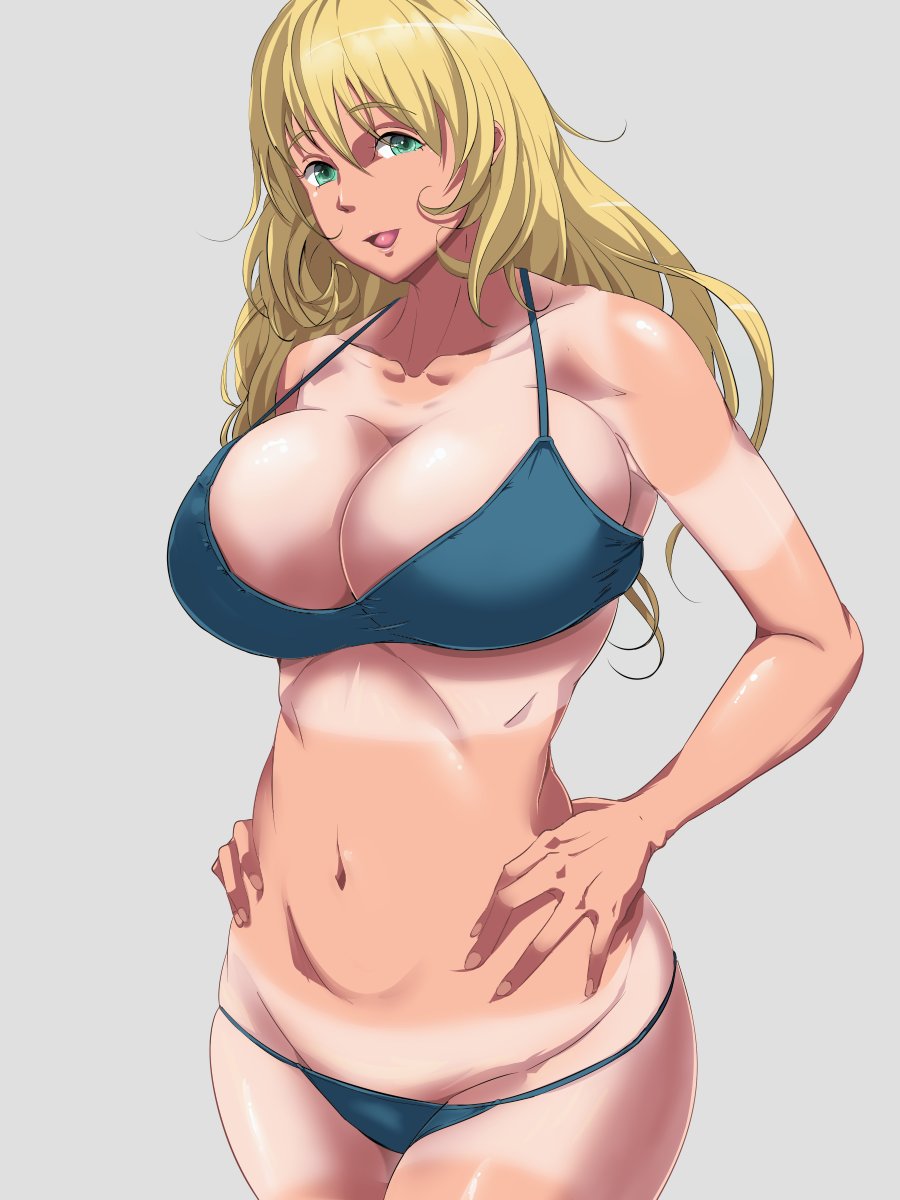 :d atago_(kantai_collection) blonde_hair breasts collarbone green_eyes hands_on_hips highres huge_breasts kantai_collection long_hair navel open_mouth simple_background smile solo tan tanline thick_thighs thighs tsubooi wide_hips