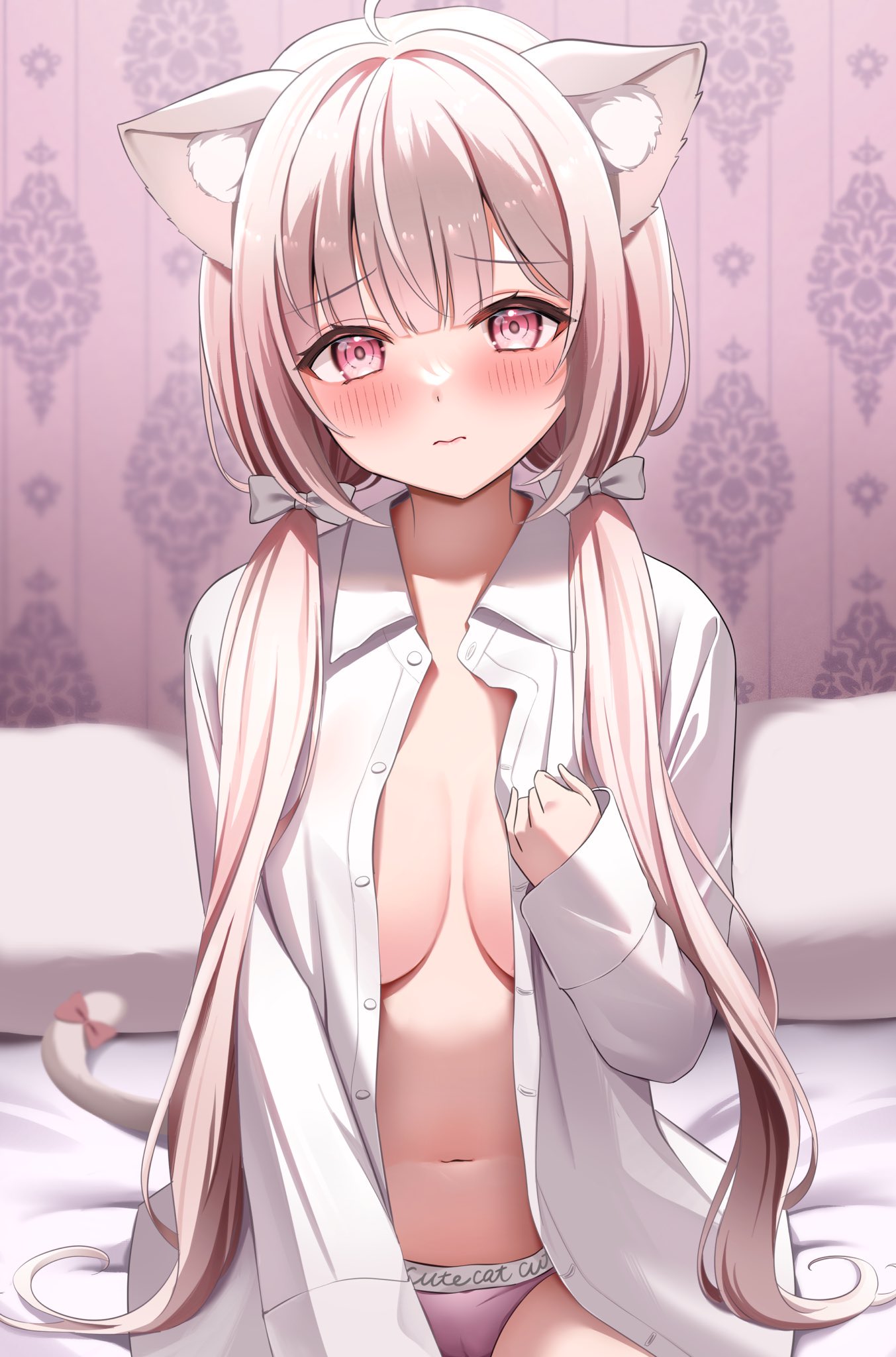 1girl animal_ear_fluff animal_ears blonde_hair blush breasts cat_ears cat_girl cat_tail closed_mouth collared_shirt commentary_request embarrassed highres large_breasts long_sleeves looking_at_viewer mikumineko no_bra on_bed open_clothes open_shirt original panties pillow pink_eyes pink_panties shirt sitting tail underwear white_shirt