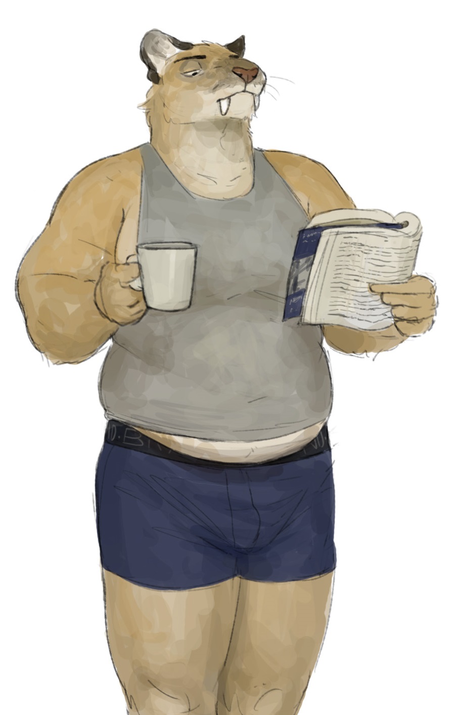 2022 anthro belly book briefs cettus chubby_anthro chubby_male clothed clothing container cup felid fur hi_res holding_book holding_container holding_cup holding_object kliment_glazkov looking_down male mammal musclegut muscular partially_clothed reading reading_book saber-toothed_tiger shirt simple_background slightly_chubby solo standing tank_top topwear underwear white_background yellow_body yellow_fur