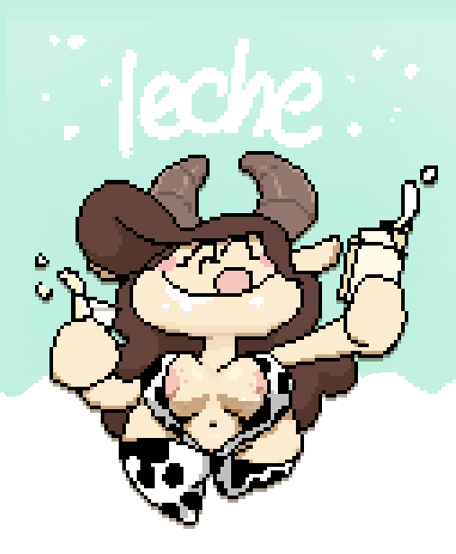 anthro beverage blush bovid breasts brown_hair caprine chinese chun-ni clothing cow_pattern digital_media_(artwork) eyes_closed female glass goat hair legwear licking licking_lips long_hair mammal mature_female milk miracle_star navel nipples pixel_(artwork) simple_background sling_swimsuit solo spanish_text stockings text tongue tongue_out unknown_artist