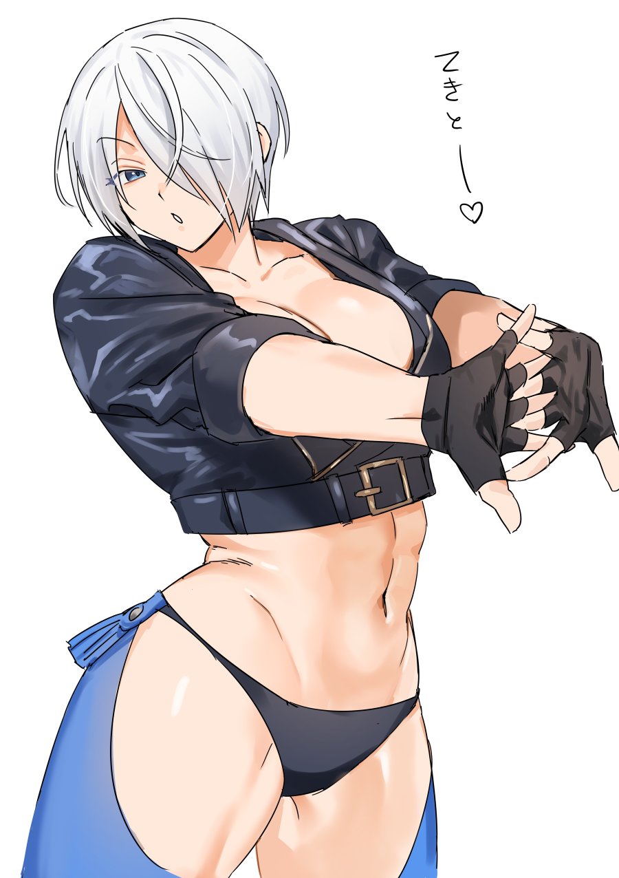 1girl angel_(kof) backless_pants blue_eyes bra breasts chaps cleavage crop_top cropped_jacket fingerless_gloves fuchina gloves hair_over_one_eye highres jacket large_breasts leather leather_jacket midriff navel panties pants short_hair snk solo strapless strapless_bra the_king_of_fighters the_king_of_fighters_xiv toned underwear white_hair