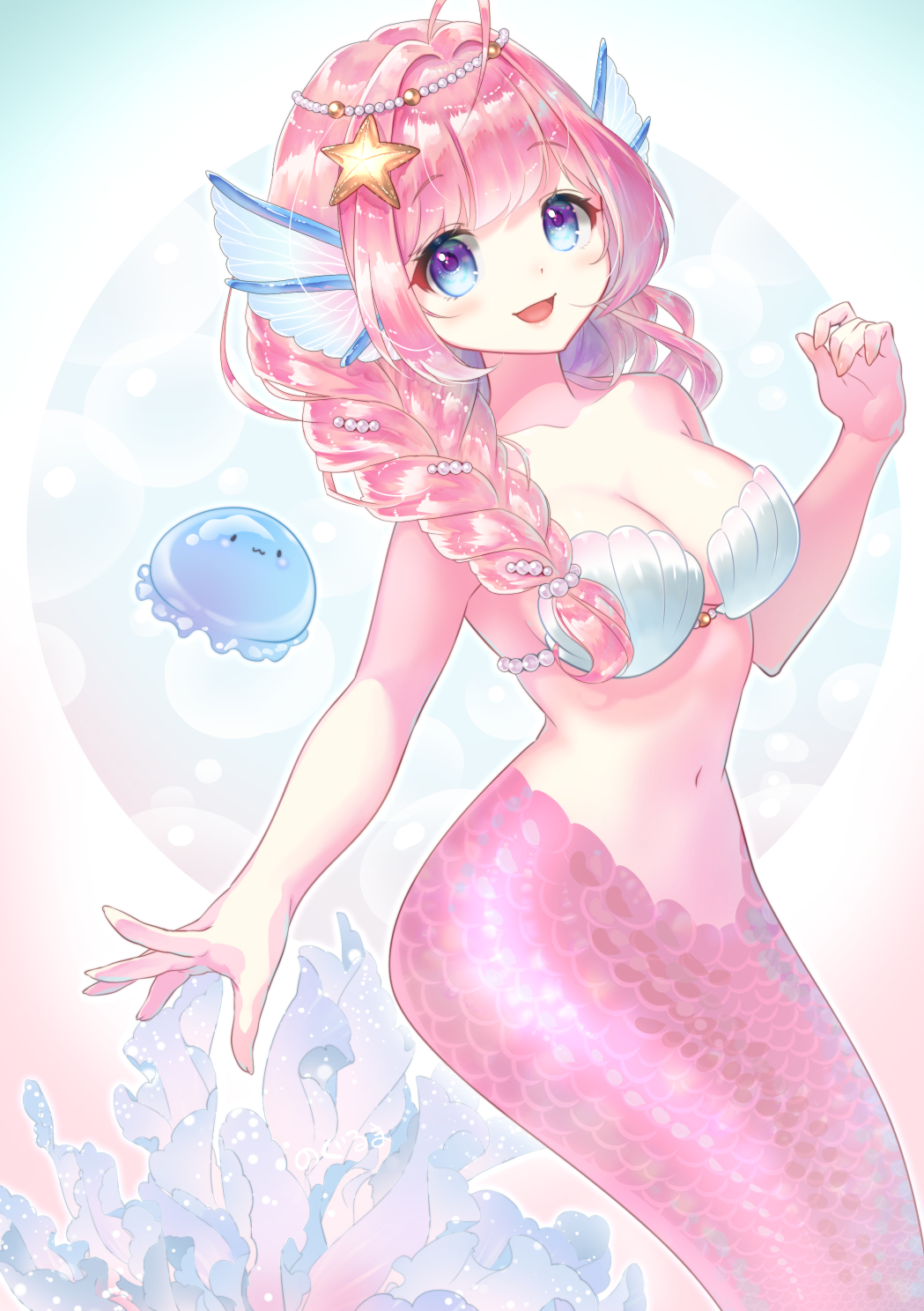 1girl :d blue_eyes blush braid collarbone commentary_request fins gem head_fins highres indie_virtual_youtuber long_hair looking_at_viewer mermaid monster_girl navel noguruma open_mouth pearl_(gemstone) scales shell shell_bikini single_braid smile solo starfish_hair_ornament umitsuki_shell virtual_youtuber