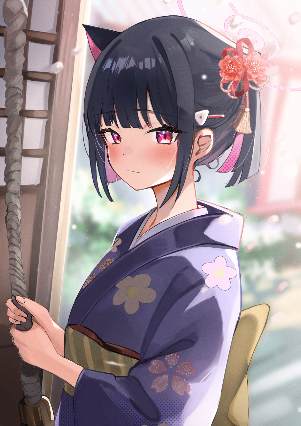 1girl animal_ears black_hair blue_archive blush cat_ears closed_mouth colored_inner_hair commentary_request extra_ears hair_ornament hairclip halo highres japanese_clothes kazusa_(blue_archive) kimono long_sleeves multicolored_hair nohohon_neko obi pink_hair pink_halo purple_kimono red_eyes sash short_hair solo wide_sleeves