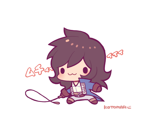 1boy :3 belt black_eyes blue_coat blush brown_belt brown_footwear brown_gloves castlevania_(series) chibi chibi_only coat collared_shirt full_body gloves holding holding_whip kotorai long_hair male_focus multiple_belts no_nose richter_belmont shirt signature solid_eyes solo translation_request white_background white_shirt