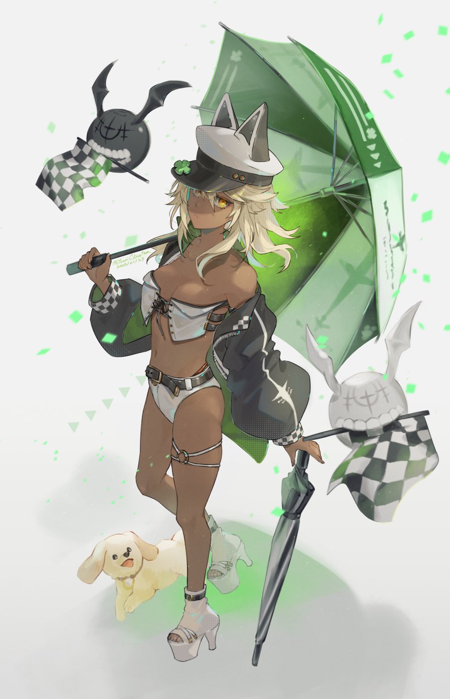 1girl adapted_costume bare_shoulders black_umbrella blonde_hair breasts checkered_flag closed_umbrella clover dark-skinned_female dark_skin flag four-leaf_clover full_body green_umbrella guilty_gear guilty_gear_xrd hair_between_eyes highres holding holding_flag holding_umbrella long_hair long_sleeves looking_at_viewer lucifero_(guilty_gear) magehound medium_breasts midriff navel orange_eyes race_queen ramlethal_valentine short_shorts shorts standing thigh_strap umbrella white_footwear white_headwear white_shorts white_umbrella youmicitrustea