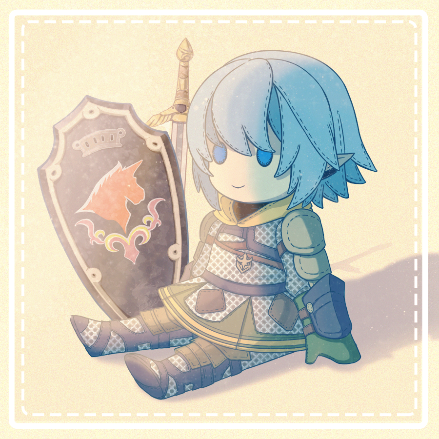 armor bloom blue_eyes chainmail character_doll closed_mouth final_fantasy final_fantasy_xiv haurchefant_greystone no_humans shield simple_background sitting smile stuffed_toy sword weapon wuze_zeei