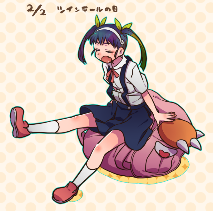 1girl backpack bag bakemonogatari black_hair blush brown_footwear closed_eyes collared_shirt fang fingernails green_ribbon hachikuji_mayoi hair_ribbon hairband long_hair monogatari_(series) open_mouth pink_bag polka_dot polka_dot_background red_ribbon ribbon shirt sitting skin_fang skirt socks solo suspender_skirt suspenders twintails white_hairband white_shirt white_socks yuma_(anikan)