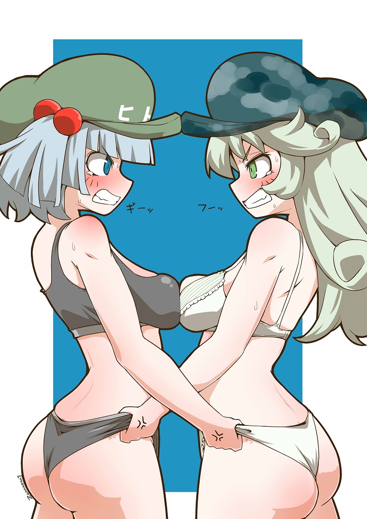 2girls ass back black_panties black_sports_bra blue_background blue_eyes blue_hair blue_headwear blunt_bangs blush bob_cut bra breast_press cabbie_hat camouflage camouflage_headwear commentary frilled_bra frilled_panties frills from_side glaring green_eyes green_headwear grey_hair grimace hair_bobbles hair_ornament hat kawashiro_nitori lifted_by_another long_hair looking_at_another multiple_girls panties panty_lift short_hair sports_bra sports_panties standing sweat symmetrical_docking tearing_up touhou translated twitter_username two_side_up underwear underwear_only wedgie white_bra white_panties yamashiro_takane zannen_na_hito