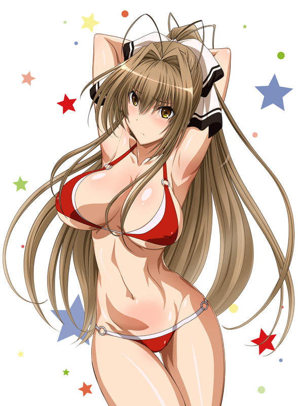 1girl amagi_brilliant_park antenna_hair armpits arms_behind_head arms_up bikini blush breasts brown_eyes brown_hair cleavage closed_mouth commentary_request expressionless hair_intakes hair_ornament hair_ribbon large_breasts long_hair mutou_keiji navel o-ring o-ring_bikini red_bikini ribbon sento_isuzu simple_background solo standing star_(symbol) stomach swimsuit thigh_gap very_long_hair white_background