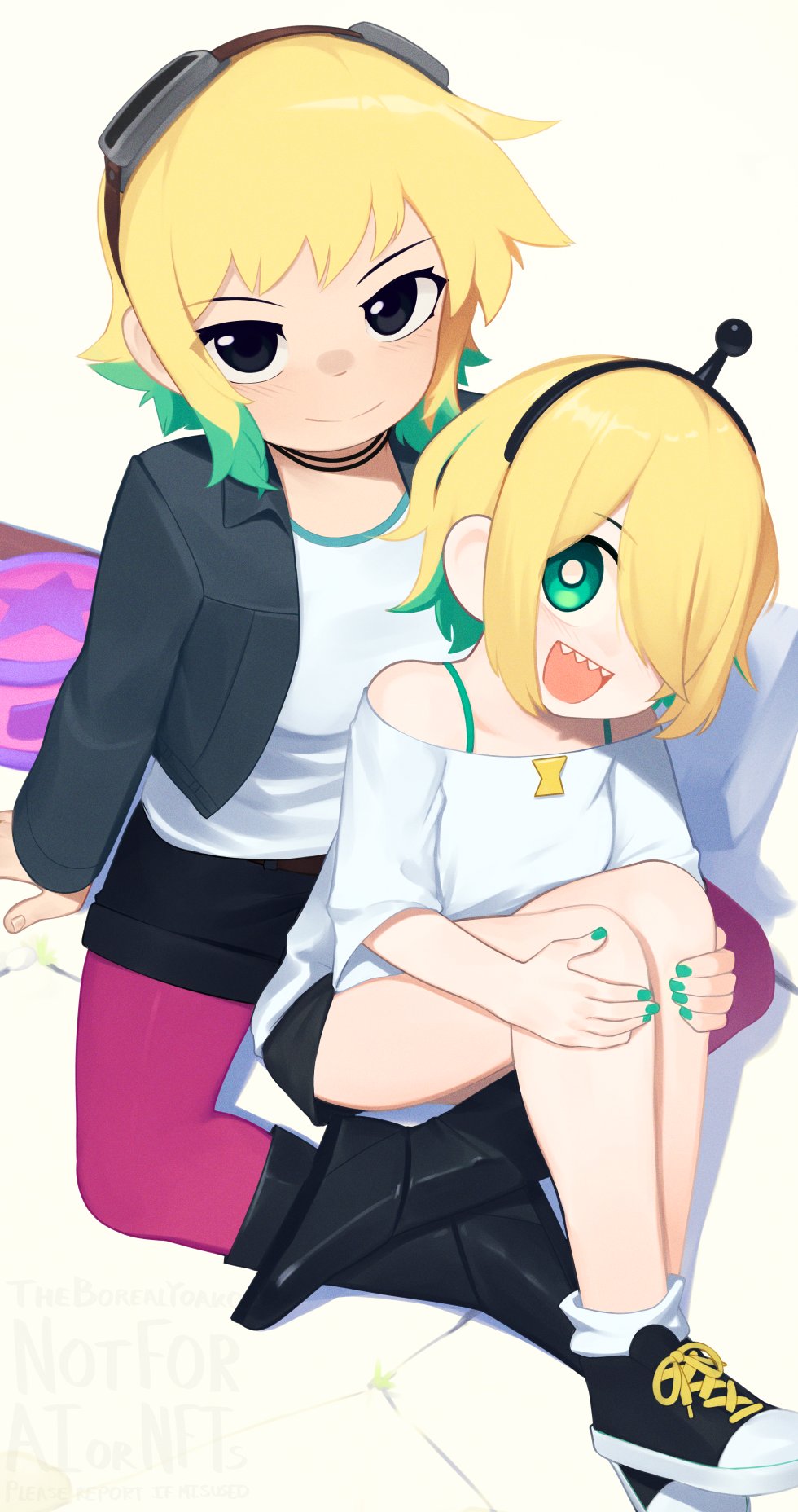 2girls :d amano_pikamee black_eyes black_footwear black_hairband black_shorts blonde_hair boots bright_pupils commentary crossover english_commentary goggles goggles_on_head green_eyes green_hair green_nails grey_jacket hair_over_one_eye hairband hairstyle_connection highres indian_style jacket knees_to_chest long_sleeves multiple_girls off-shoulder_shirt off_shoulder open_clothes open_jacket pantyhose purple_pantyhose ramona_flowers scott_pilgrim_(series) shirt shoes short_hair shorts sitting smile sneakers strap_slip voms white_pupils white_shirt yoako