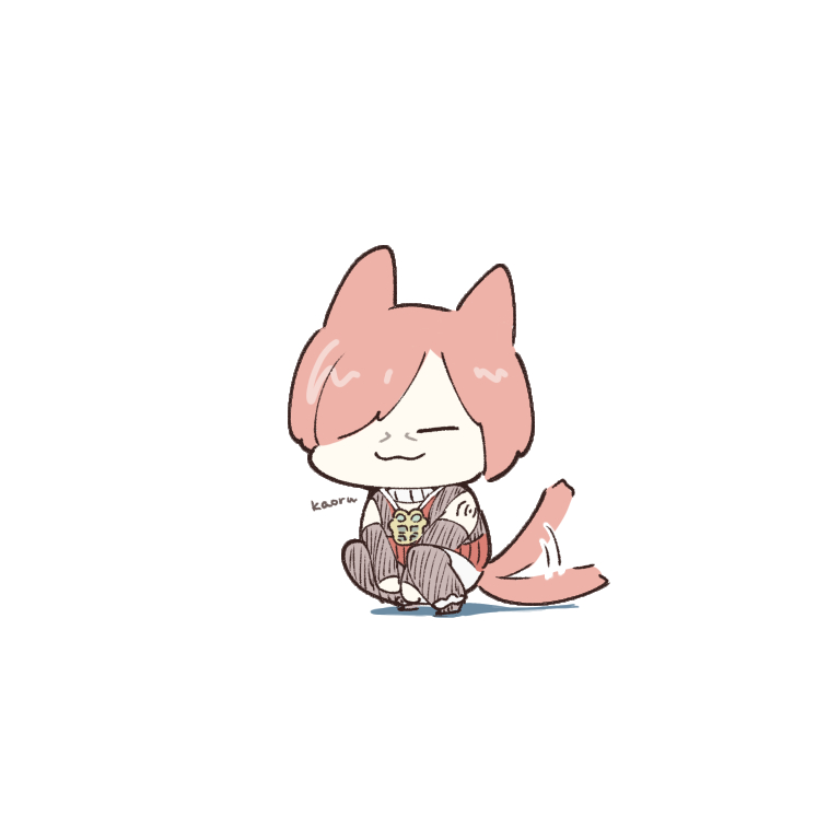 1boy :3 animal_ears blush_stickers cat_boy cat_ears cat_tail chibi closed_eyes closed_mouth english_text final_fantasy final_fantasy_xiv full_body g'raha_tia kinmoku_sei3 motion_lines red_hair red_shirt shirt simple_background smile solo squatting tail tail_wagging white_background
