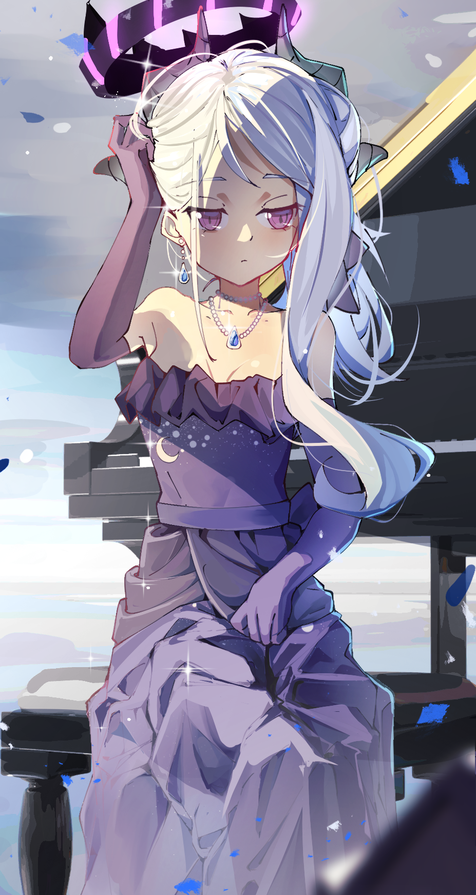 1girl black_horns blue_archive boqee breasts closed_mouth dangle_earrings demon_horns dress earrings elbow_gloves gloves grand_piano grey_hair halo highres hina_(blue_archive) hina_(dress)_(blue_archive) horns instrument jewelry long_hair multiple_horns necklace official_alternate_costume official_alternate_hairstyle pendant piano purple_dress purple_eyes purple_gloves revision small_breasts solo strapless strapless_dress