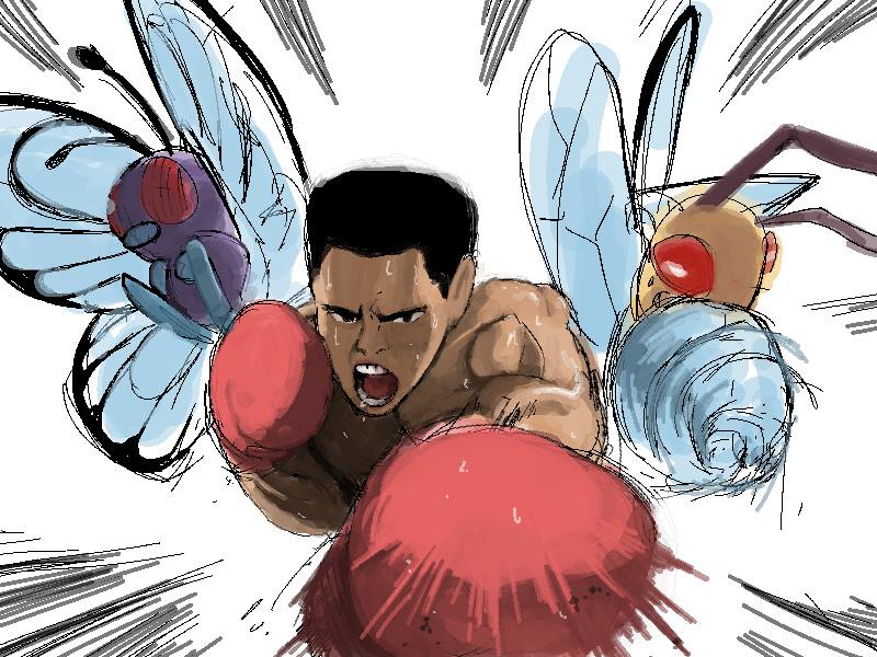 artist_request beedrill black_hair boxing_gloves butterfree muhammad_ali open_mouth pokemon real_life short_hair source_request sweat tongue